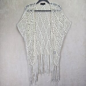 POL Crochet Open Knit Kimono‎ Cardigan Large Fringe Bohemian Festival Cover Up